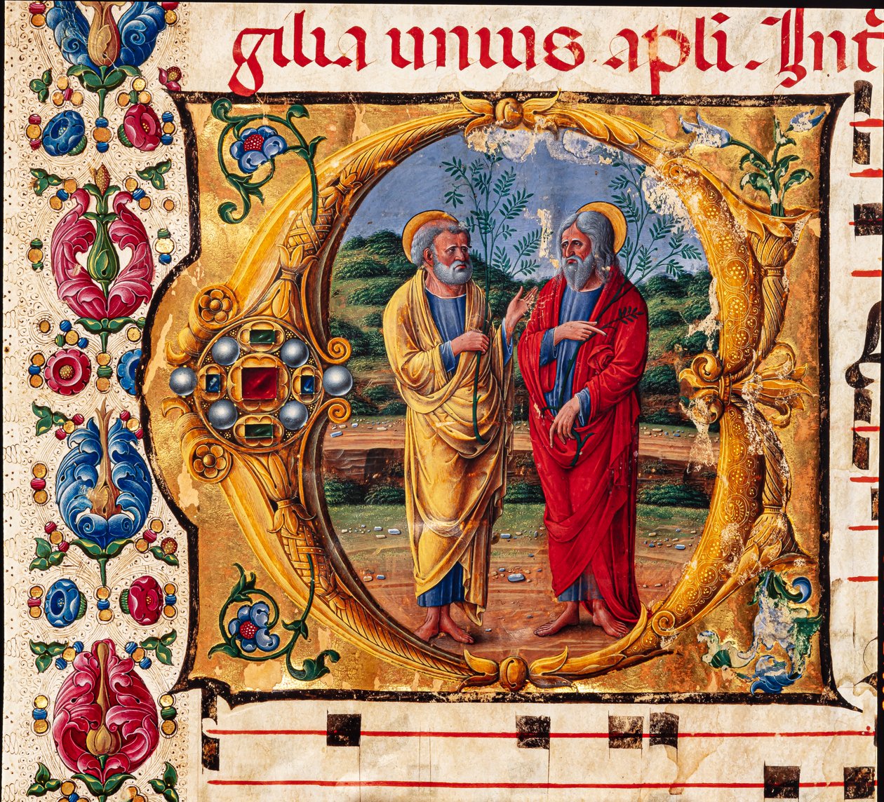 Piccolomini bibliotek: korbok, torsk. 16.1, ff. 2r med "To apostler", av Girolamo da Cremona. Detalj. av Unbekannter Künstler