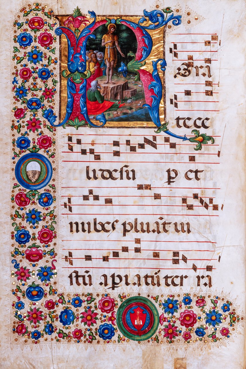 Piccolomini bibliotek: korbok, torsk. 18.3, ff. 45v med “Preaching of St. John the Baptist”, av Girolamo da Cremona. av Unbekannter Künstler