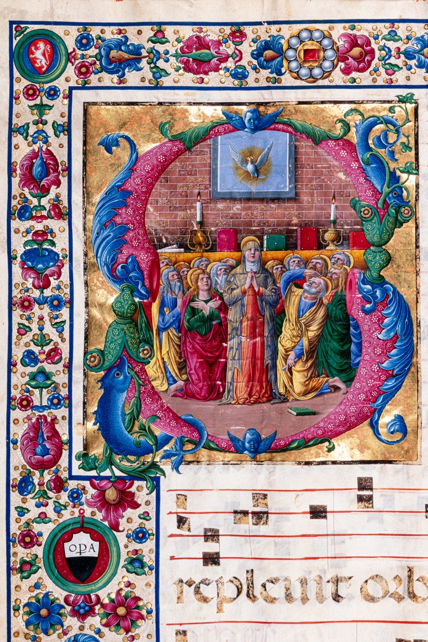 Piccolomini bibliotek: korbok, torsk. 23.8, ff. 100v med «The Pentecost», av Girolamo da Cremona. Detalj. av Unbekannter Künstler