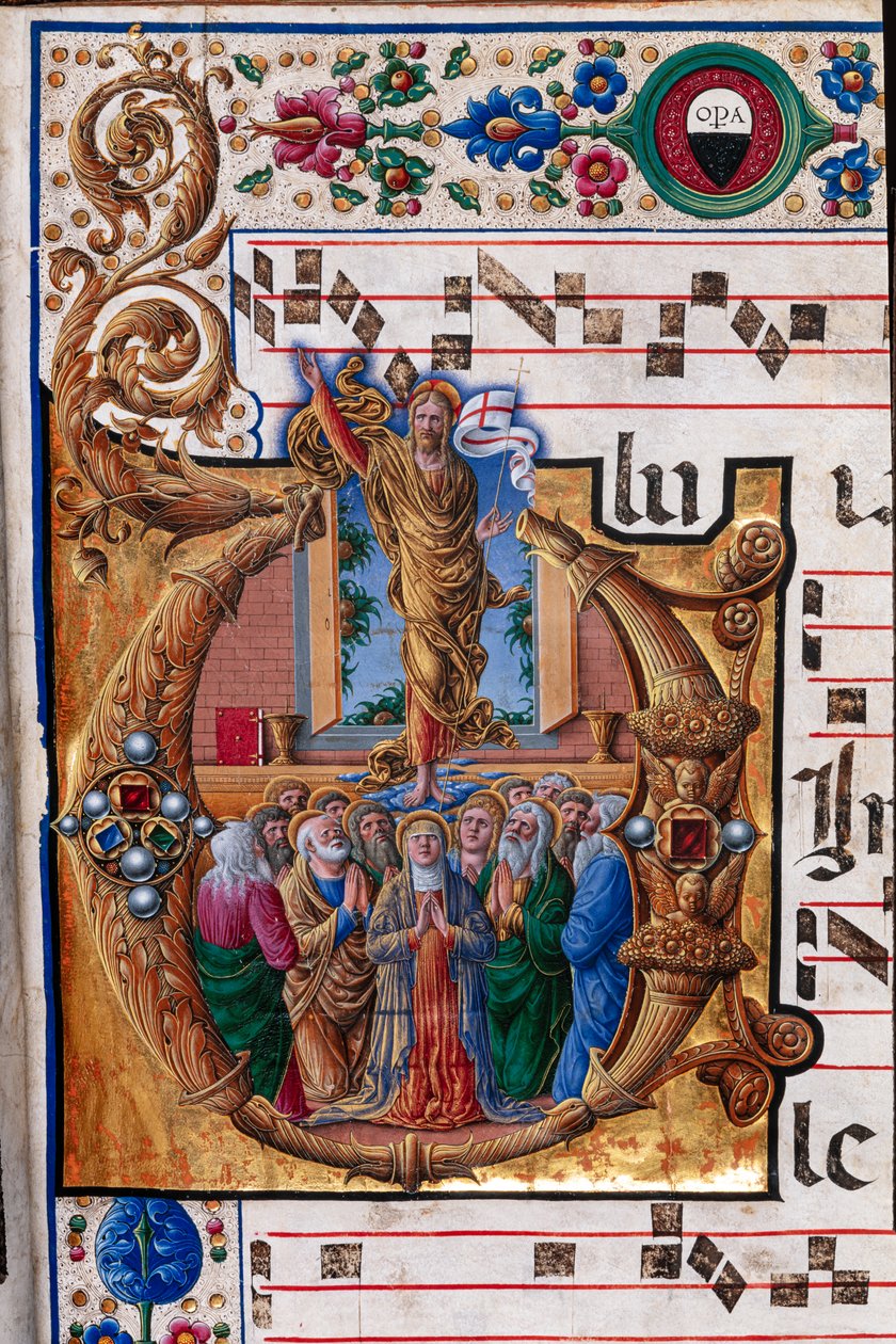 Piccolomini bibliotek: korbok, torsk. 23.8, ff. 66r med "The Ascension of Christ", av Girolamo da Cremona. Detalj. av Unbekannter Künstler