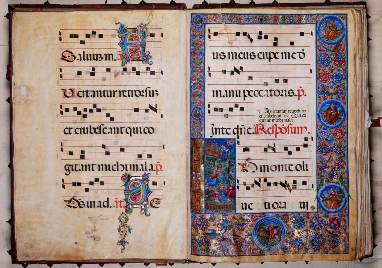 Piccolomini bibliotek: korbok, torsk. 8-H, ff. 1v-2r med "Christ in the Garden of Getsemane", av Bernardino Cignoni. av Unbekannter Künstler