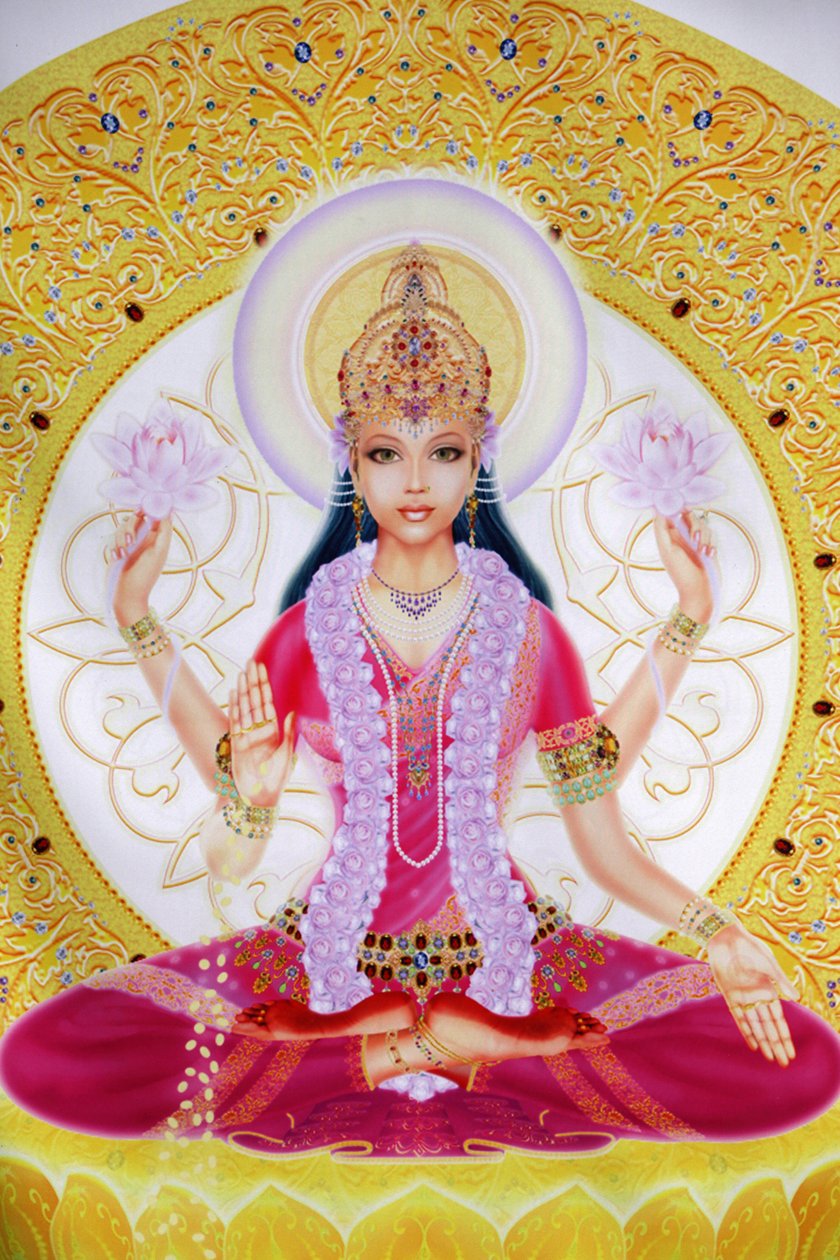 Bilde som viser Lakshmi, rikdommens gudinne og konsort av Lord Vishnu, som sitter og holder lotusblomster av Unbekannt