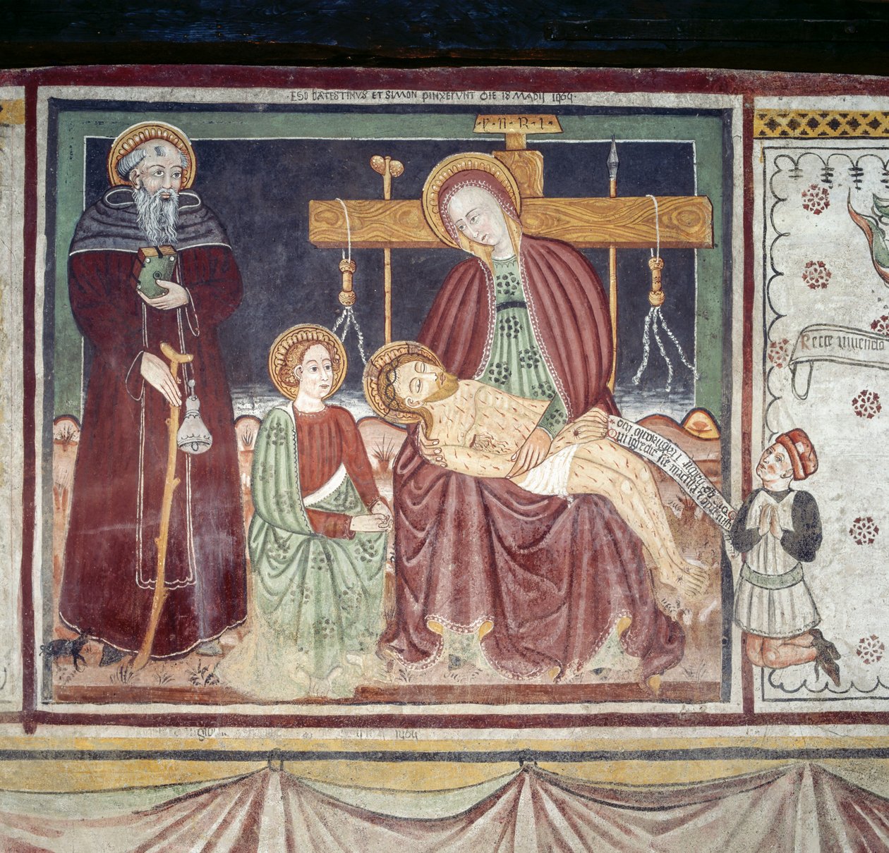 Pieta med St Anthony Abbed, fresco, Homo Salvadego museum, Sacco, Cosio Valtellino, Lombardia, Italia av Benjamin Baud