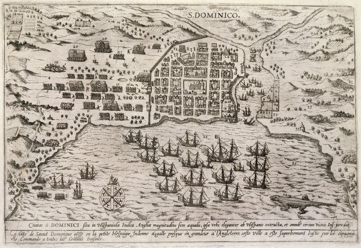 Plan for Drakes angrep på Santo Domingo, ca. 1595 (gravering) av Unbekannter Künstler