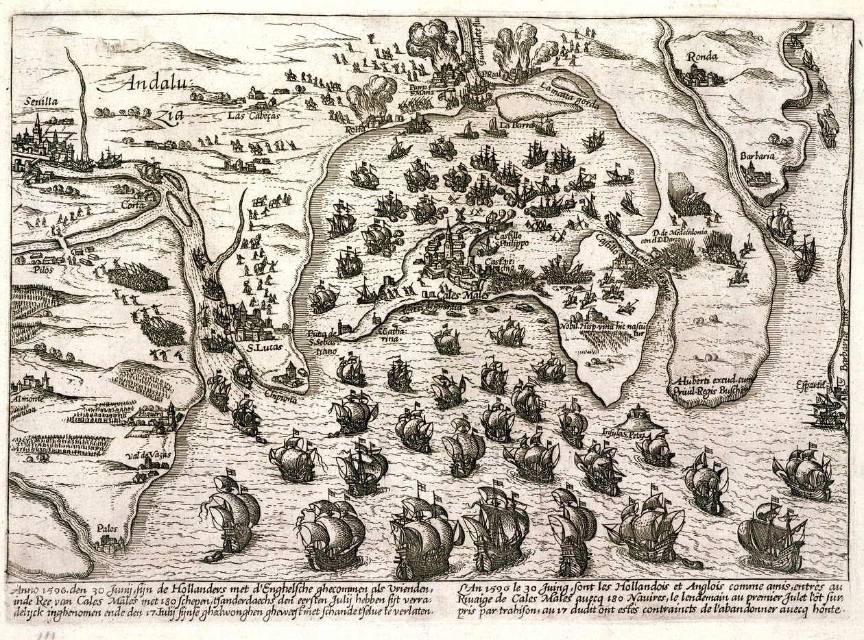 Plan over havnen i Cadiz i 1596 på tidspunktet for angrepet av Sir Walter Raleigh (gravering) av Unbekannter Künstler