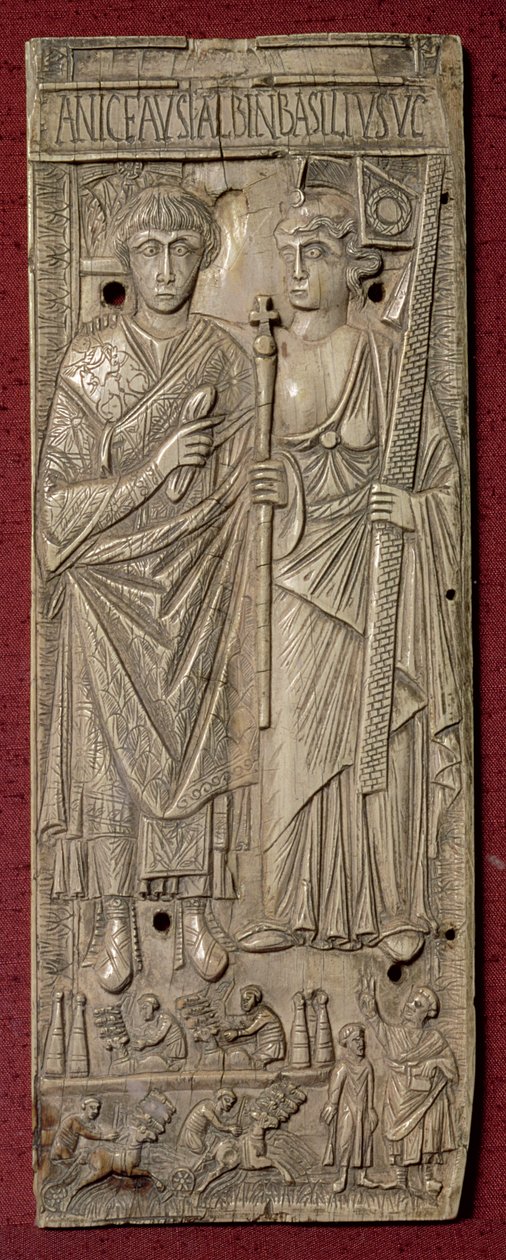 Plakett som viser Basiliscus, østens keiser (d.478) med et vognløp under, romersk, 480 e.Kr. (elfenben) av Unbekannt
