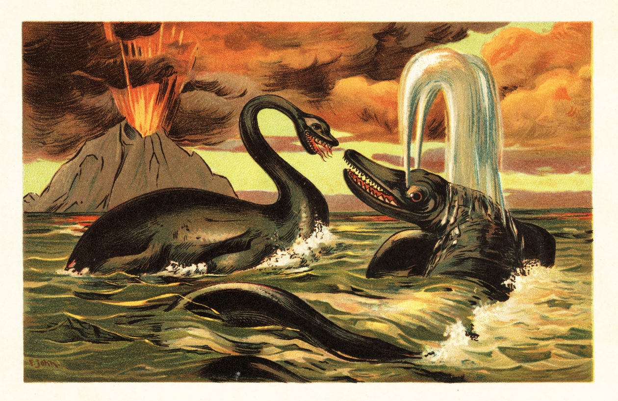 Plesiosaurus og Ichthyosaurus kjemper foran et utbrudd i 1908 (litografi) av Unbekannter Künstler