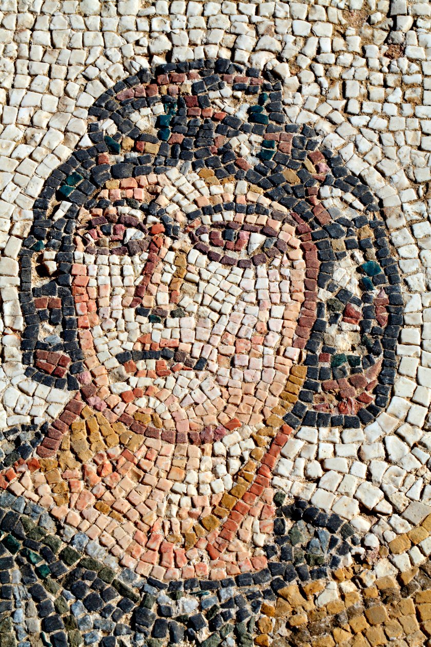 Portrett av Ambrosia - Symbol for gudenes mat og udødelighet - Detalj fra panelet som representerer det første badet til akilles - Paphos Mosaics, Villa of Theseus, 5. århundre e.Kr. - Kypros - Portrett av Ambrosia, symbol på gudenes mat og immotalite av Unbekannt