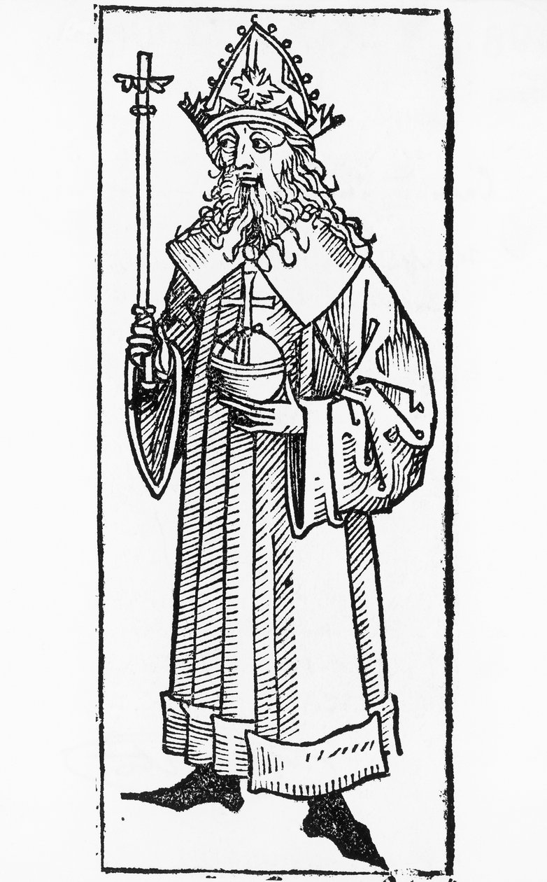 Portrett av Karl IV av Luxembourg (1316-1378), tysk konge og konge av Böhmen (som Karl) fra 1346 til 1378, og den hellige romerske keiseren fra 1355 til 1378, tresnitt av William M. Timlin