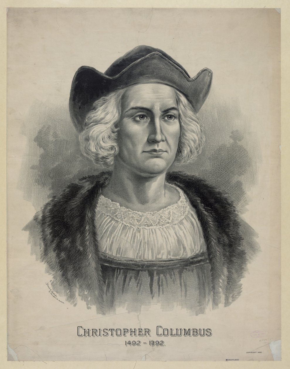 Portrett av Christopher Columbus (1451 - 1506), ca. 1892 (litografi) av Unbekannt