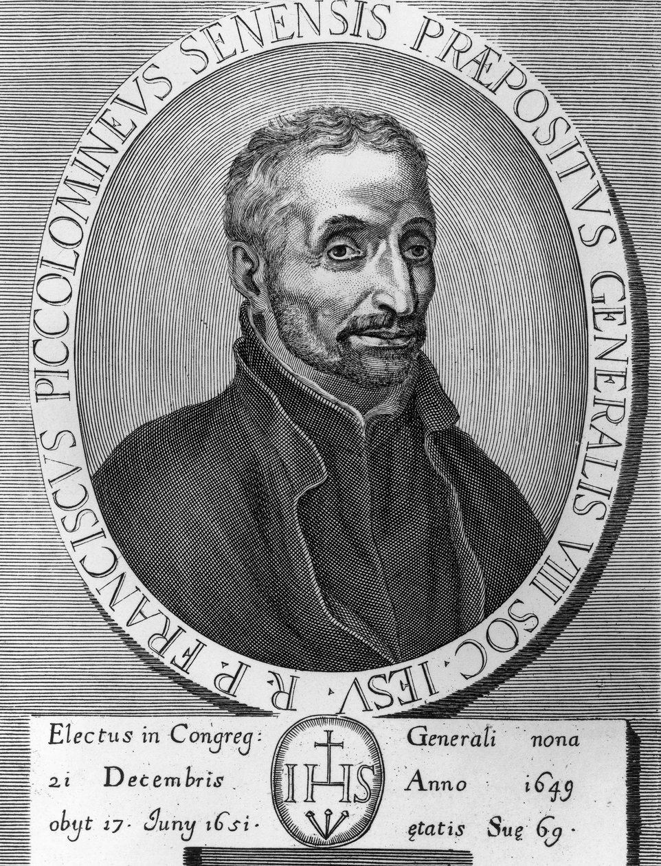 Portrett av Francesco Piccolomini (1582-1651), italiensk jesuitt, var overordnet general for Society of Jesus fra 1649 til 1651, gravering av William M. Timlin
