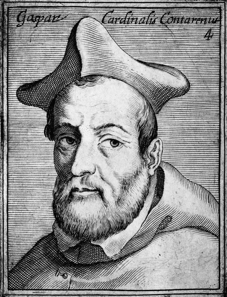 Portrett av Gasparo Contarini (1483-1542), italiensk kardinal og biskop, gravering fra de mest berømte ikonene av all dyd og vitenskap, av Claudius Pernetus av William M. Timlin