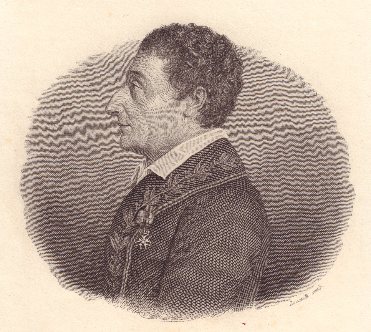 Portrett av den italienske matematikeren og astronomen Joseph-Louis Lagrange, eller Giuseppe Lodovico Lagrangia (1736-1813), kobberstikk av Locatelli fra medalje av William M. Timlin