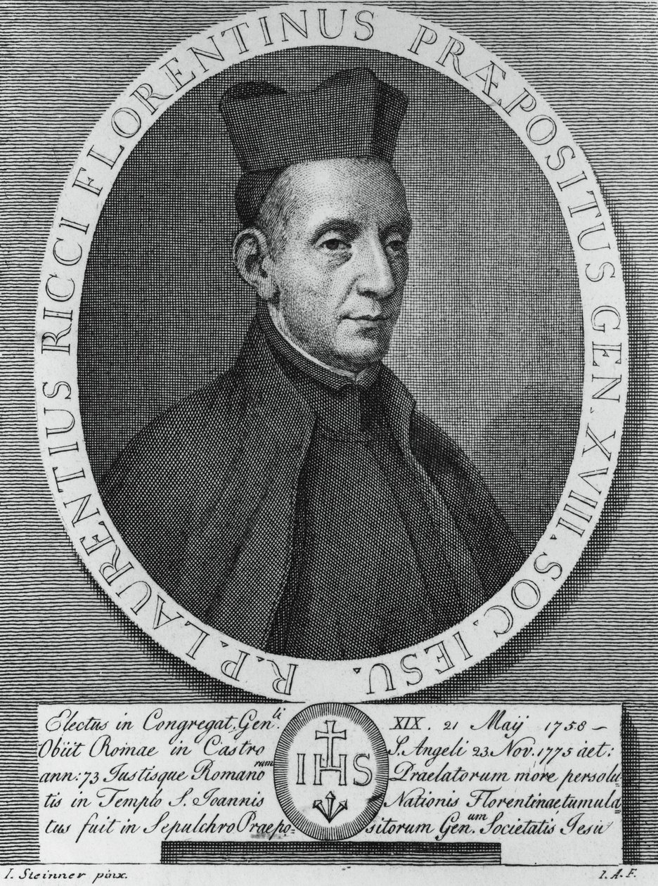 Portrett av Lorenzo Ricci (1703-1775), italiensk jesuitt og 18. overordnede general for Society of Jesus, gravering av William M. Timlin