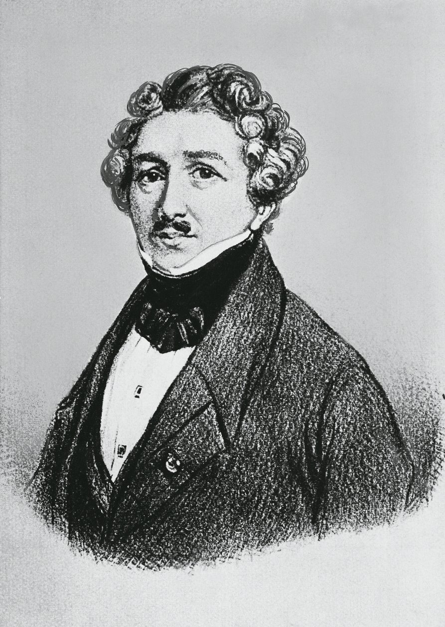 Portrett av Louis-Jacques-Mande Daguerre (1787-1851), fransk kunstner, fysiker og kjemiker, anerkjent for sin oppfinnelse av daguerreotypi prosess for fotografering av William M. Timlin