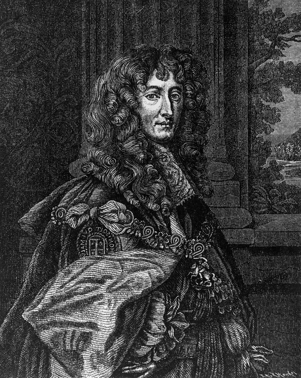 Portrett av prins Rupert Wittelsbach av Rhinen (1619-1682), hertug av Bayern, hertug av Cumberland, jarl av Holderness, tysk general og admiral, gravering av William M. Timlin