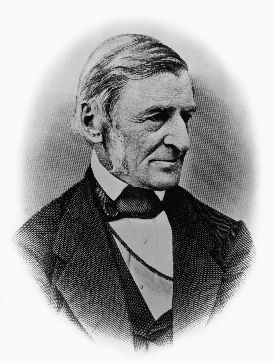 Portrett av Ralph Waldo Emerson (1803-1882), amerikansk filosof, poet, forfatter, essayist og en av grunnleggerne av transcendentalistisk bevegelse, gravering etter fotografi av William M. Timlin