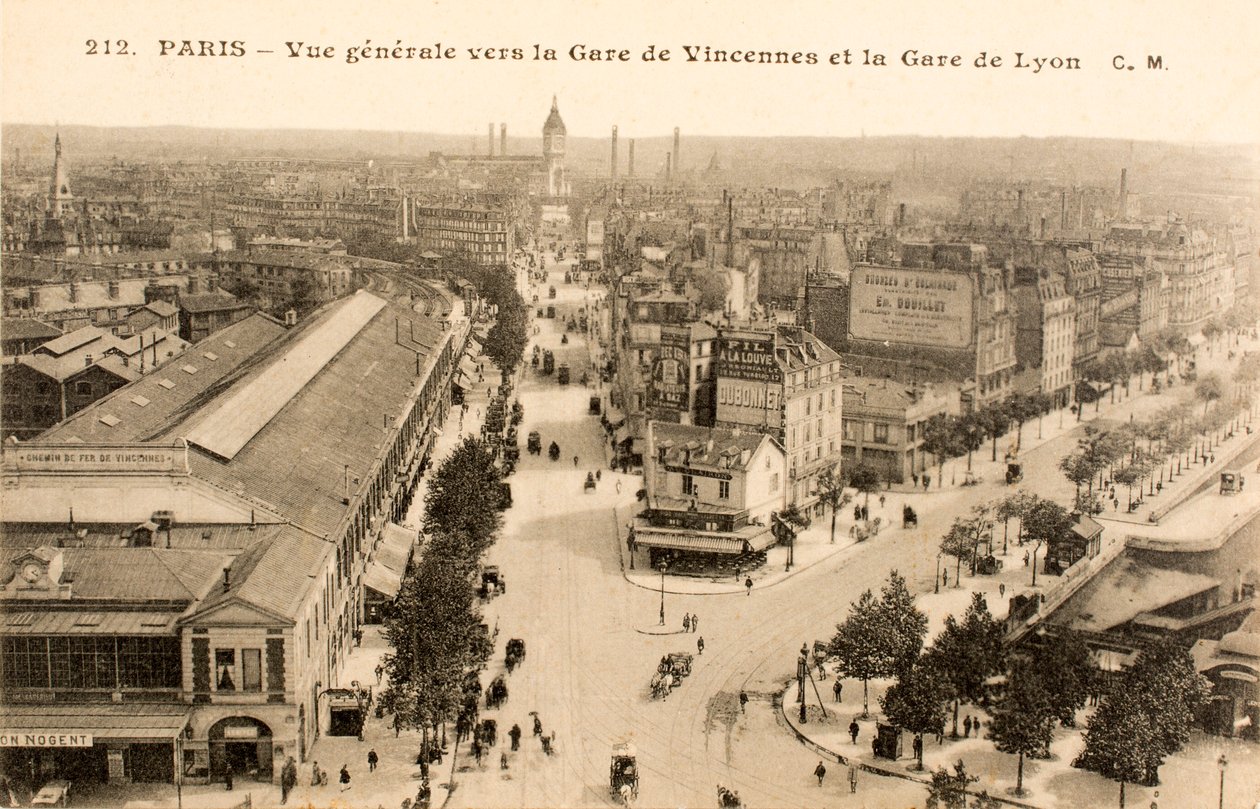 Postkort/Vincennes-stasjon/Lyon-stasjon/Paris/Seine/Ile de France/Frankrike av William M. Timlin