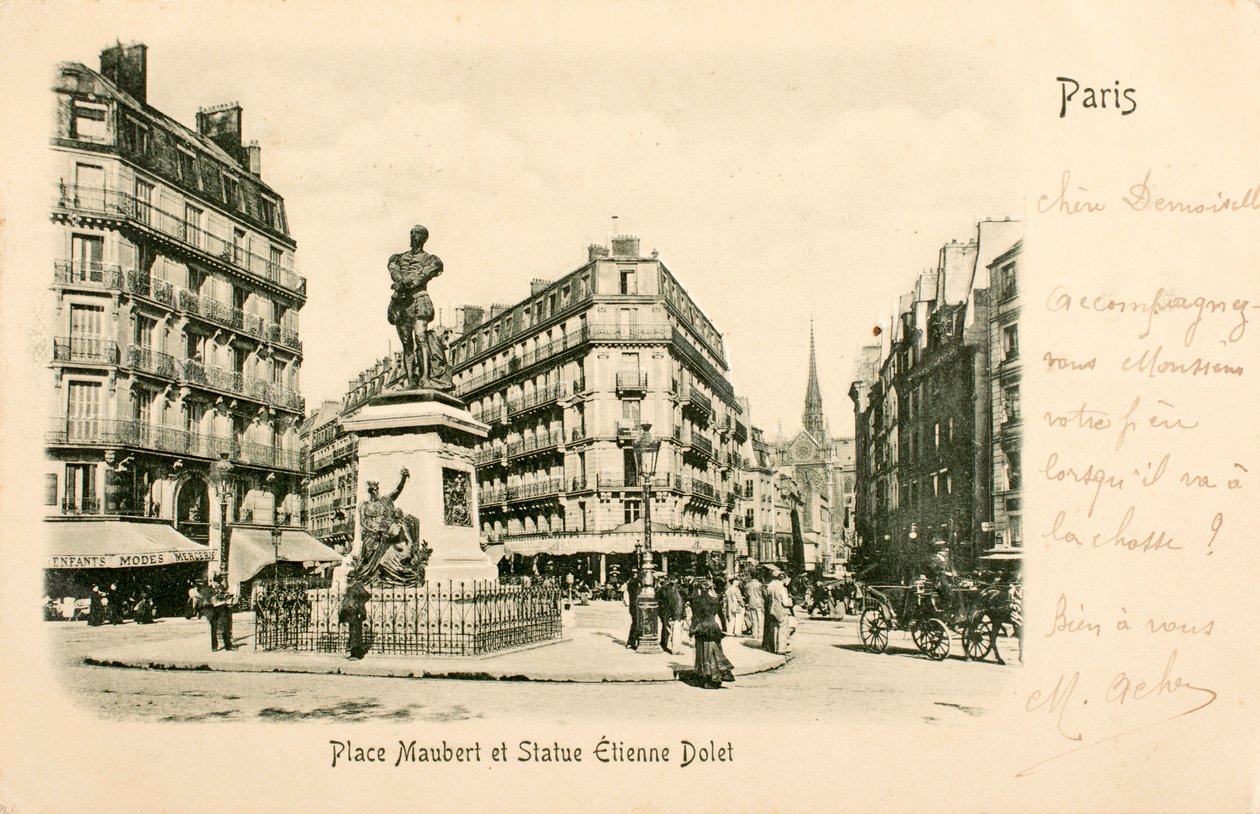 Postkort/sted Maubert/Statue Etienne Dolet/Paris/Seine/Ile de France/Frankrike av William M. Timlin