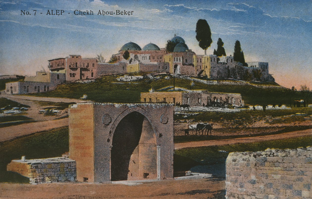 Postkort som viser Shaykh Abu Bakr-moskeen i Aleppo, Syria, ca. 1920 (fotolito i farger) av Unbekannt