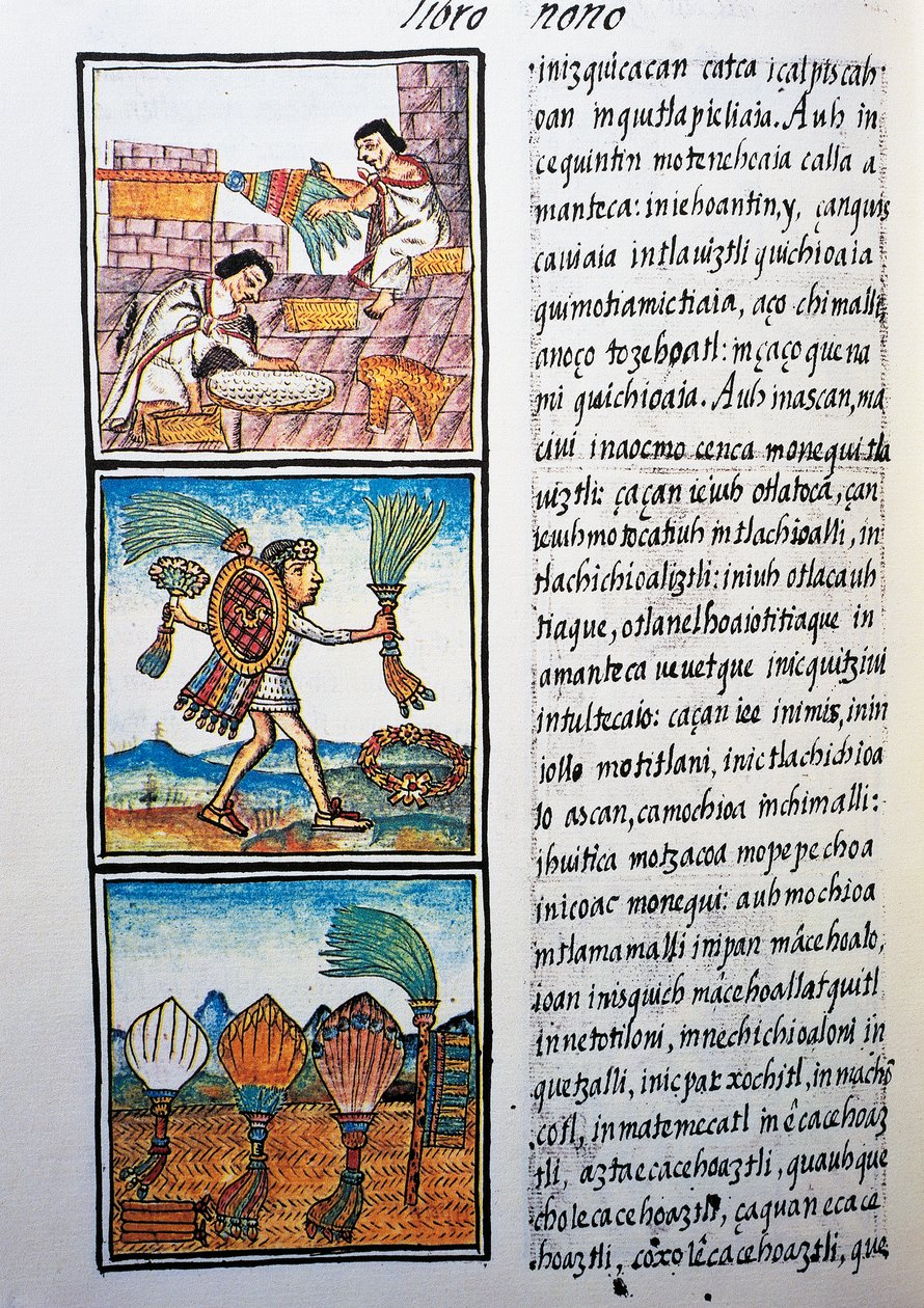 Behandling av fjær, tekst på Nahuati, fra faksimile av manuskript General History of Things of New Spain, også kjent som Florentine Codex, av Bernardino de Sahagun av William M. Timlin