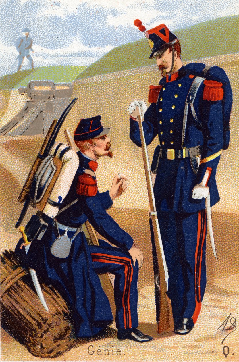 Spørsmål: Genie. Gravering i "Militæralfabetet" . Illustratorens initialer: AD Ukjent utgiver. Kromolitografier sent på 1800-tallet. Mål: 10,5x7 cm. av Unbekannt