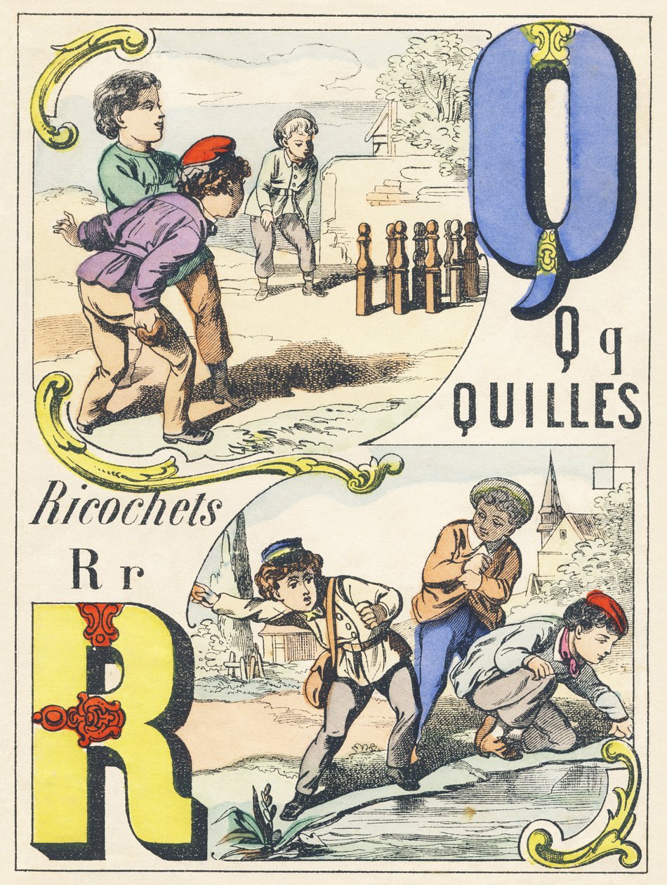Q R: kjegler, rikosjetter - Spillalfabet, ca. 1890 (illustrasjon) av Unbekannt