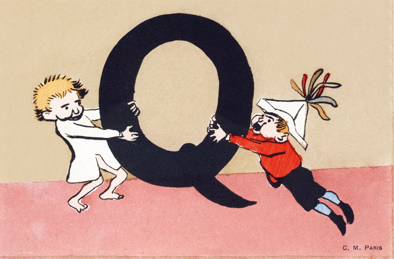 Q for Quarrel - Barnealfabetet. C.M.-redaktør, Paris. Håndmalte postkort, frankert i 1904. Mål: 14 x 9 cm av Unbekannt