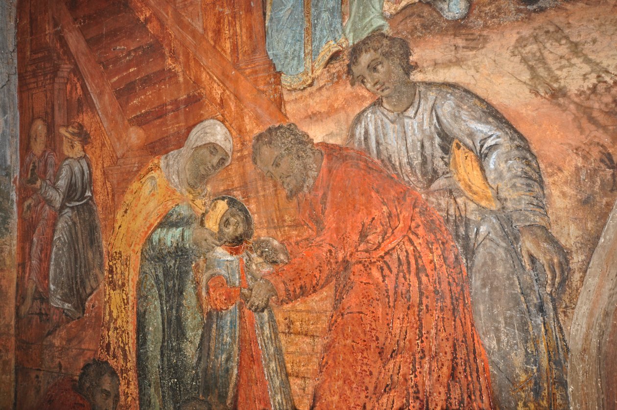 RUSSIA, Uglich, den russisk-ortodokse kirken St Dimitrius on the Blood (1630), freskomaleri som viser døden til Demetrius (sønn av Ivan den grusomme) av Unbekannt
