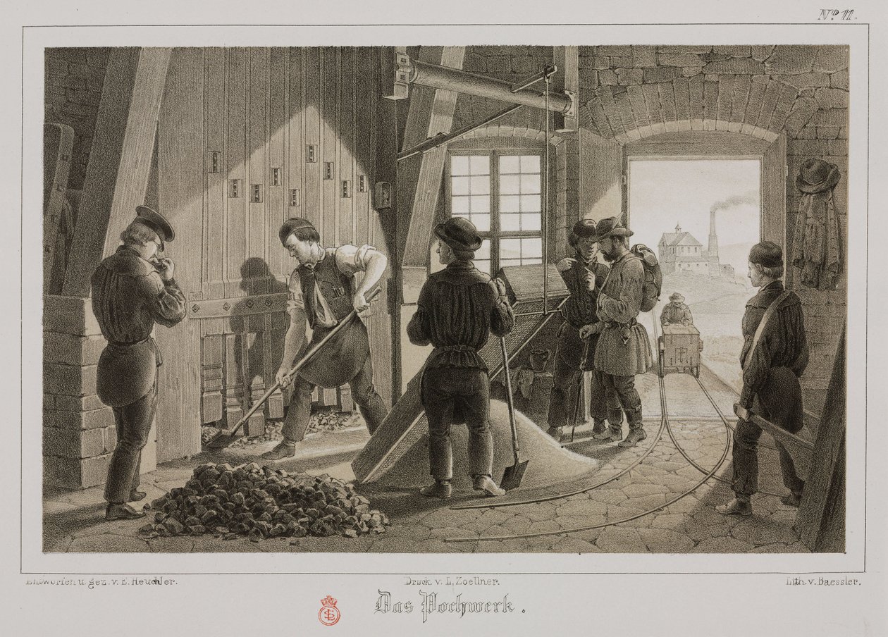 Råmaterialebehandling, metallurgi som banker i malmen, Tyskland, ca 1851 av Unbekannt