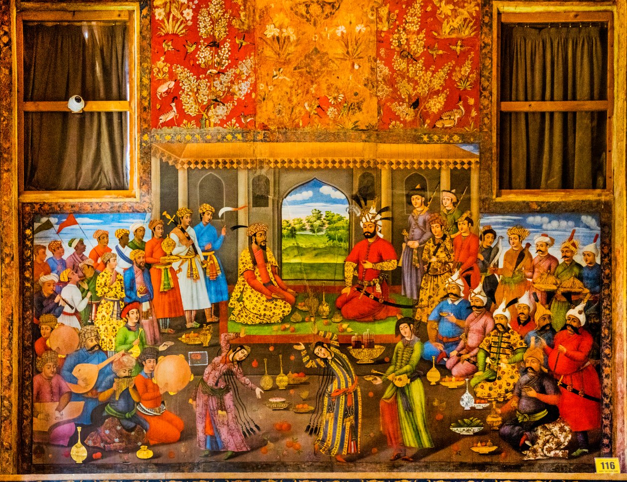 Mottak av Mughal-herskeren Humayun 1544, fresker med høviske scener og kampscener, Chehel Sotoun-palasset, Isfahan, Isfahan, Iran, Asia (bilde) av Unbekannter Künstler