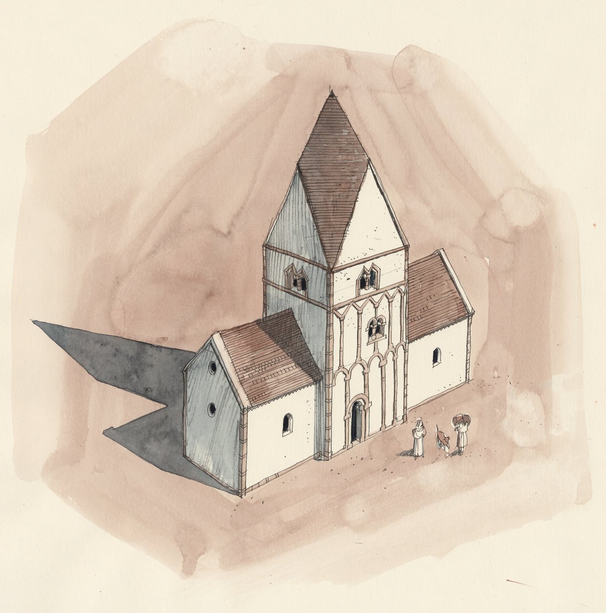 Rekonstruksjonstegning av St. Peters kirke under den angelsaksiske perioden, Wales, Liam (20. århundre) (akvarell på papir) av Unbekannter Künstler