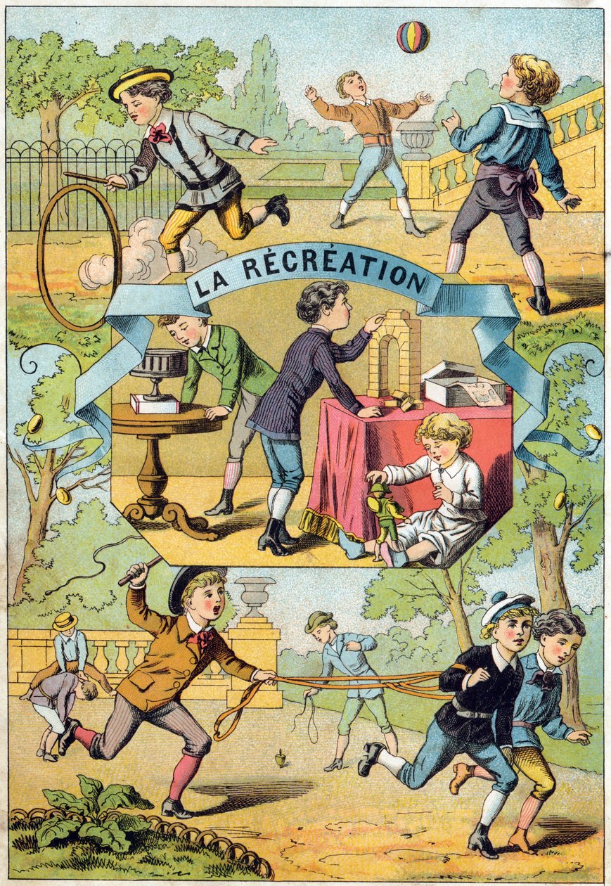 Rekreasjon i skolegården. Gravering i "Alphabet des petits ecoliers". Avbildning av Epinal, ca. 1885. Privee Collection av Unbekannt