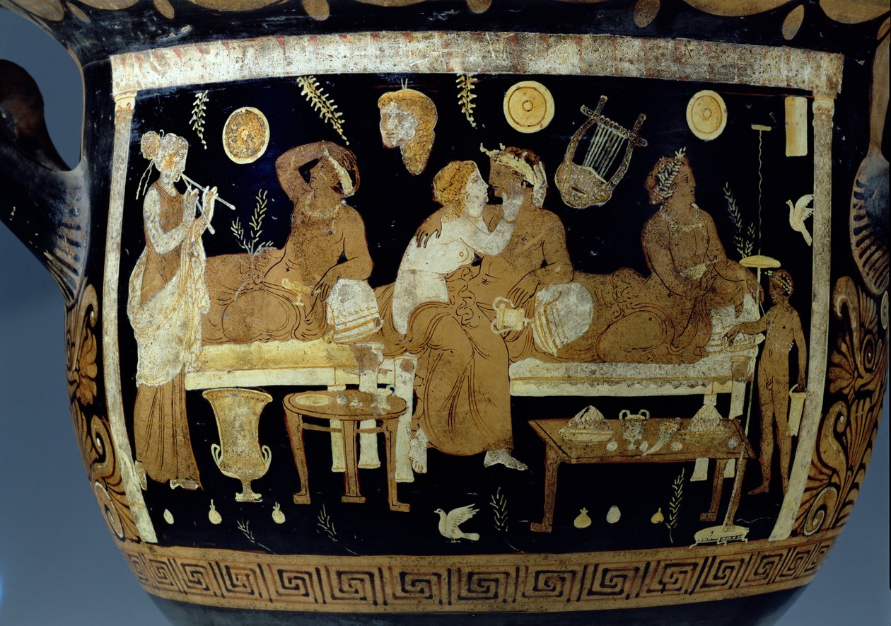 Rød og hvit figurbegerkrater: detalj som viser bankettscene, gresk (keramikk) (detalj av 85012) av Unbekannt