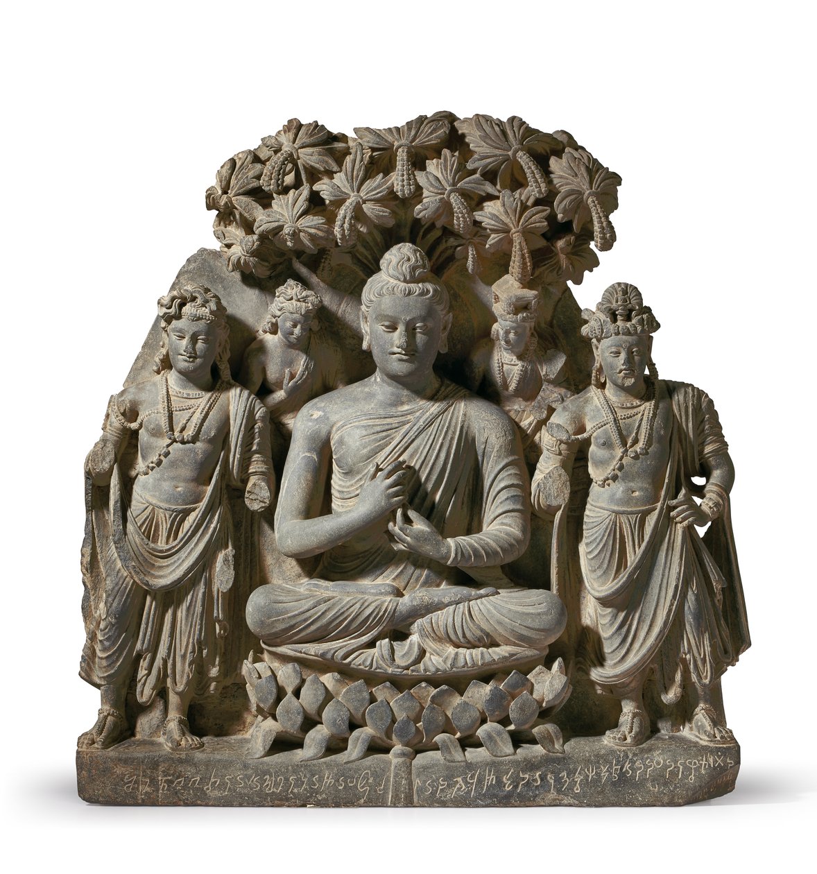 Reliefstriade av Buddha Shakyamuni med bodhisattvaer, 3.-4. århundre (grå skifer) av Unbekannter Künstler