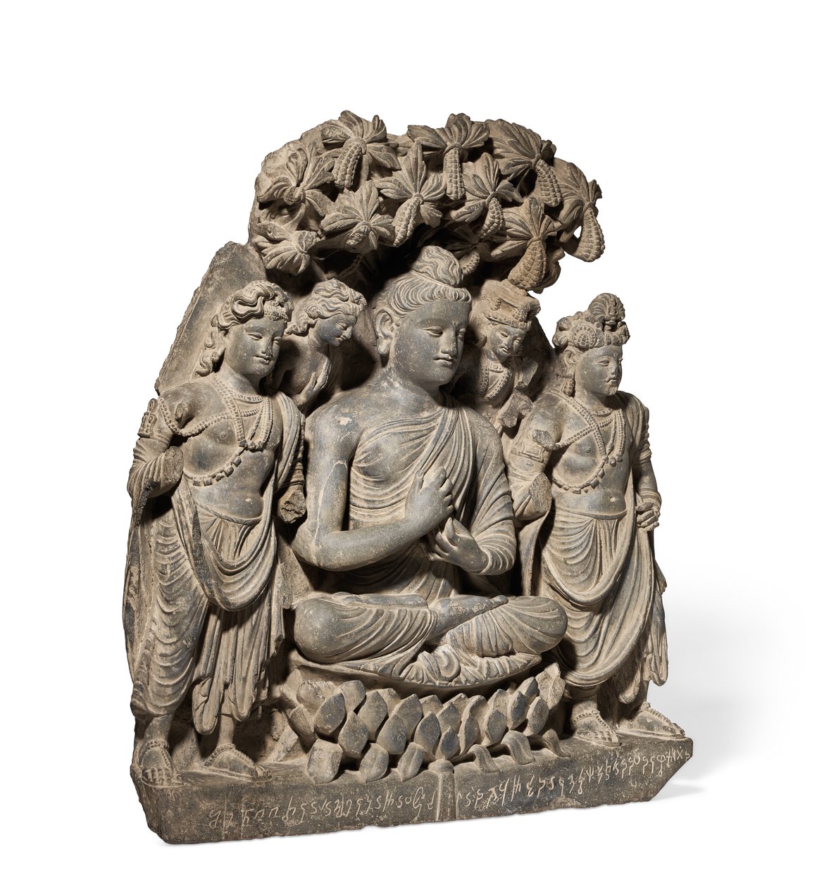 Reliefstriade av Buddha Shakyamuni med bodhisattvaer, 3.-4. århundre (grå skifer) av Unbekannter Künstler