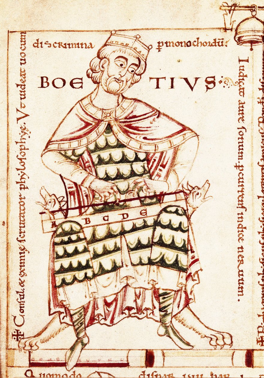 Representasjon av den latinske filosofen Boece (Anicius Manlius Severinus Boetius eller Boethius) (480-524) som holder et musikkinstrument (musikalsk studie). Miniatyr fra et Canterbury-manuskript. av Unbekannt