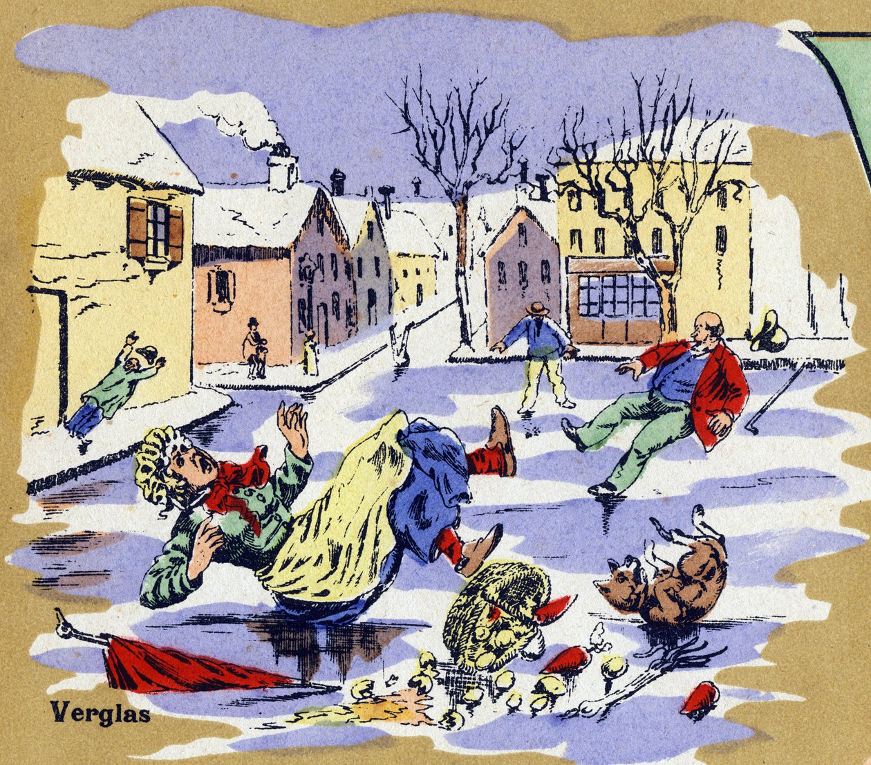 Beboere i en landsby glir på is om vinteren. Illustrert alfabet. Bilder gjenforent i Jarville-Nancy, begynnelsen av det 20. århundre. Mål: 40 x 29 cm. Litografi på bistre bakgrunn av Unbekannt