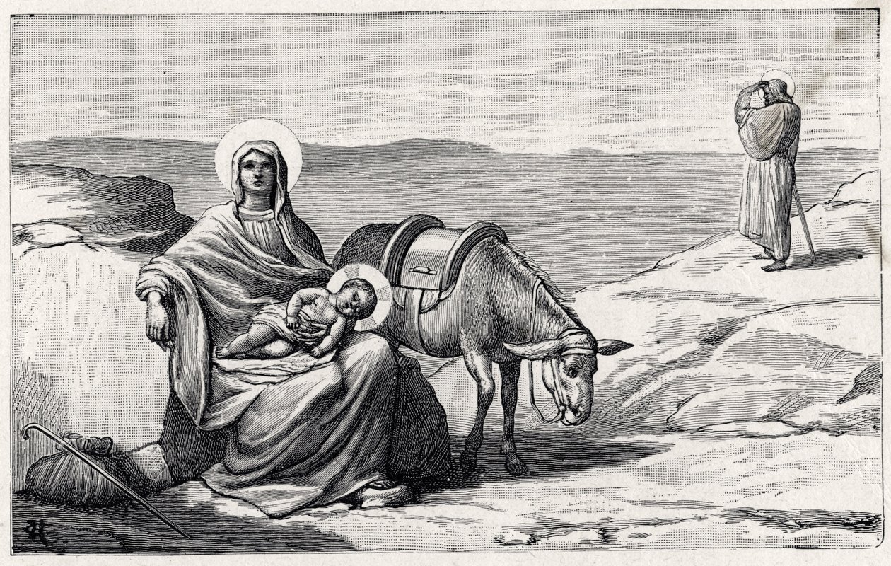 Hvil under flyturen til Egypt. Alfabetet til Jesusbarnet. Utgave 1932. Treskjæringer signert H G. Privat samling av Unbekannt