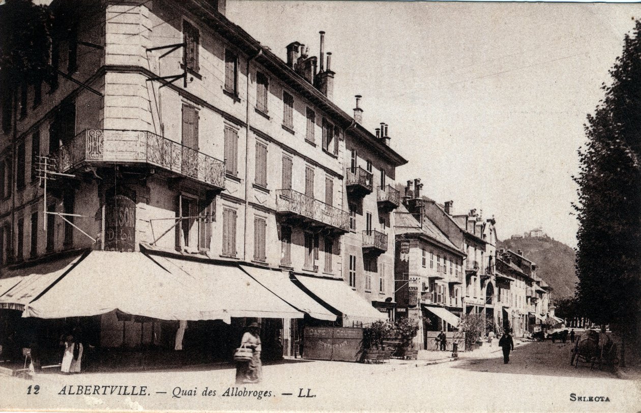 Rhone Alpes, Savoie (73), Albertville: utsikt over Quai des Allobroges - Postkort slutten av 1800- og 1900-tallet av William M. Timlin