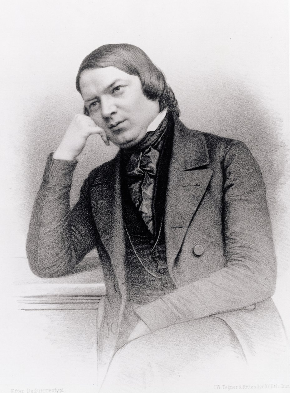 Robert Alexander Schumann (1810-56), tysk komponist, gravert av Isaac Wilhelm Tegner (1815-93) og Johann Adolf Kittendorff (1820-1902), etter en daguerreotypi (litho) av Unbekannt
