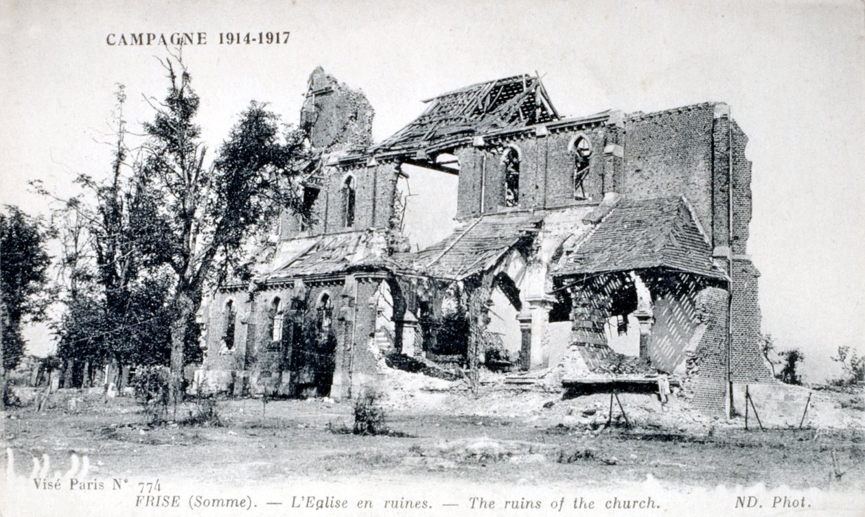 Ruiner av kirken i landsbyen Frise, Somme, Frankrike 1914–1918 (postkort) av Unbekannter Künstler