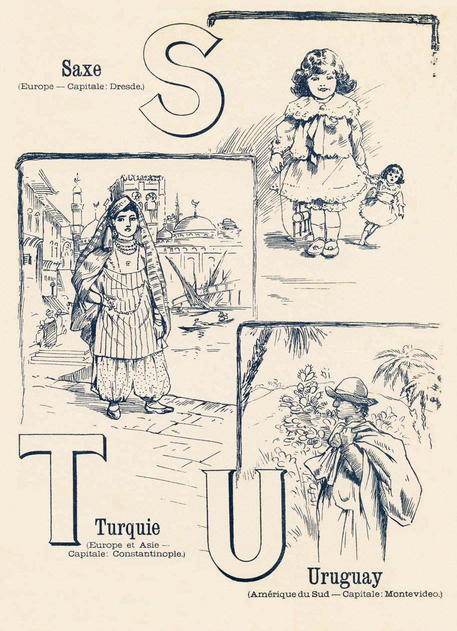 S T U: Sachsen, Tyrkia, Uruguay - ABC av de to verdener. Emile Guerin, forlegger, Paris, rundt 1900. Mål: 27,5 x 21,5 cm av Unbekannt