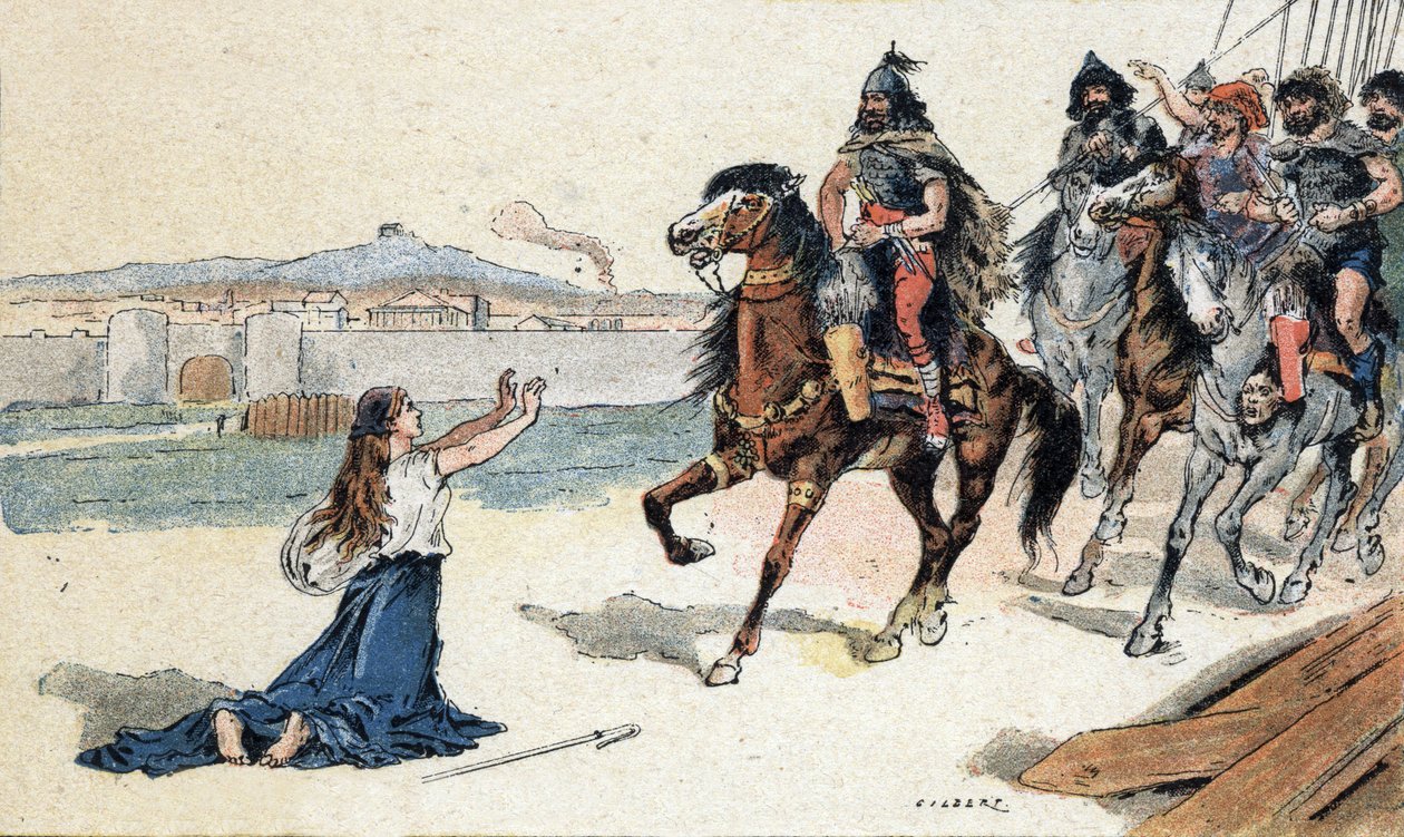 Saint Genevieve (422-502) før hunernes konge Attila - Barbarian Invions - Illustrasjon av Camille Gilbert fra 1890 (gravering) av Unbekannt