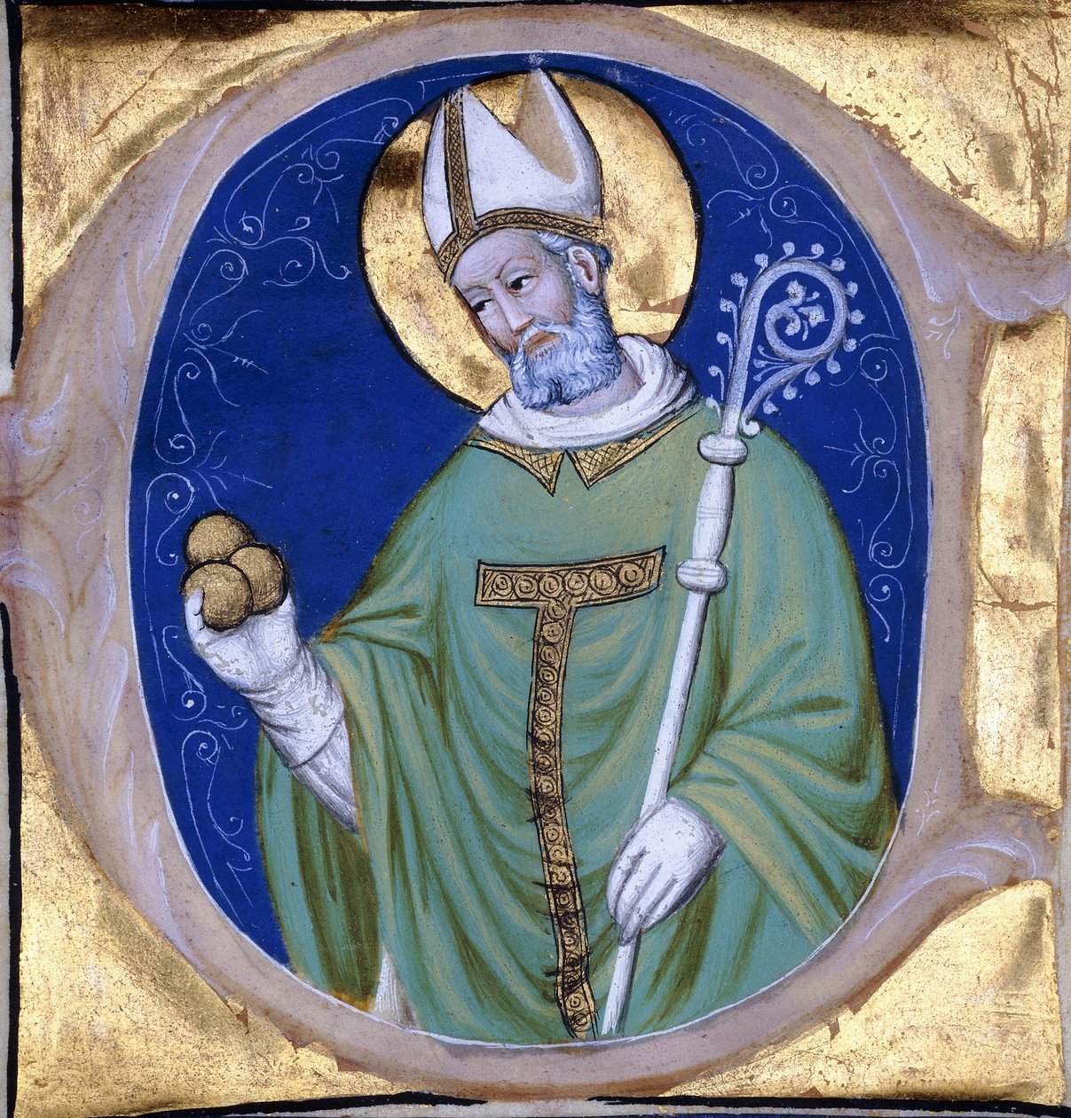 Saint Nicolas of Myra, historisk initial "C", fra en opplyst korbok på vellum, ca. 1400 av Unbekannt