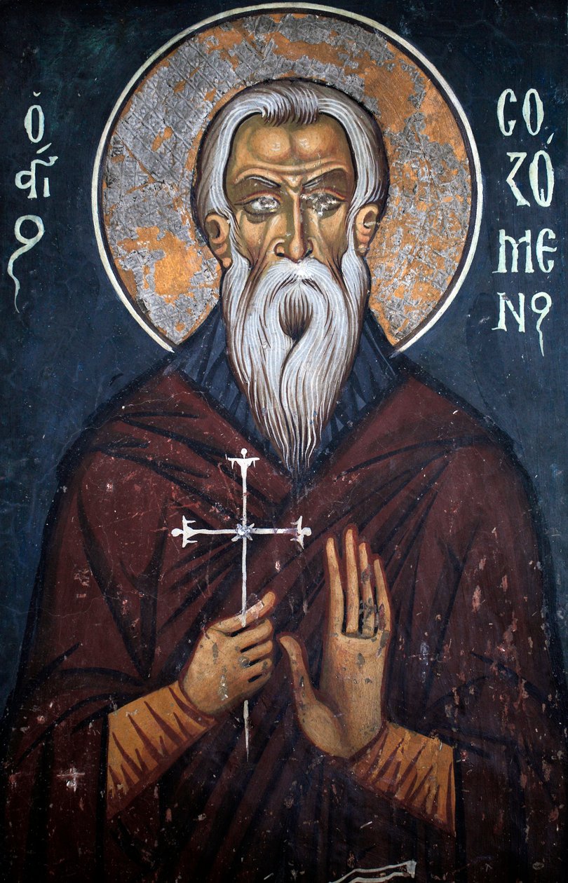 Saint Sozomene, bysantinsk freskomaleri fra det 14. århundre Nathex, østveggen Phorbiotissa Jomfrukirken, Asinou Unesco-sted Troodos-regionen, Kypros av Unbekannt