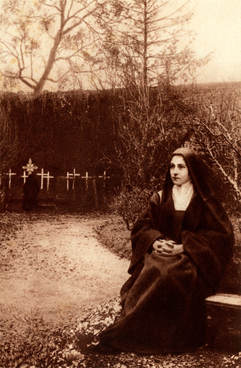Den hellige Thérèse av Jesusbarnet mediterte i hagen til klosteret Lisieux. 1948 (fotoutskrift) av Unbekannter Künstler