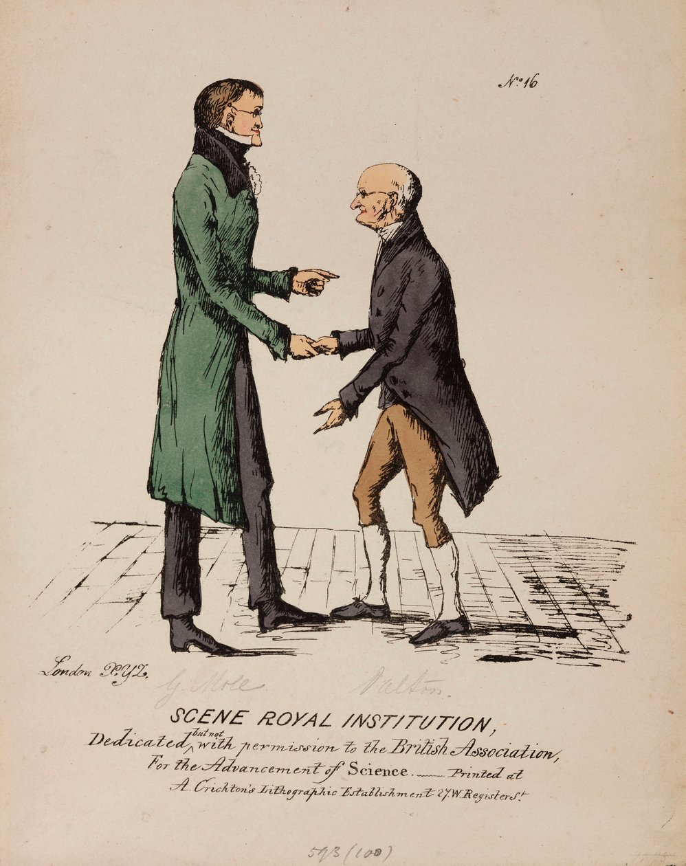 Scene Royal Institution: Gerrit Moll og John Dalton, ca 1831-1840 av Unbekannt