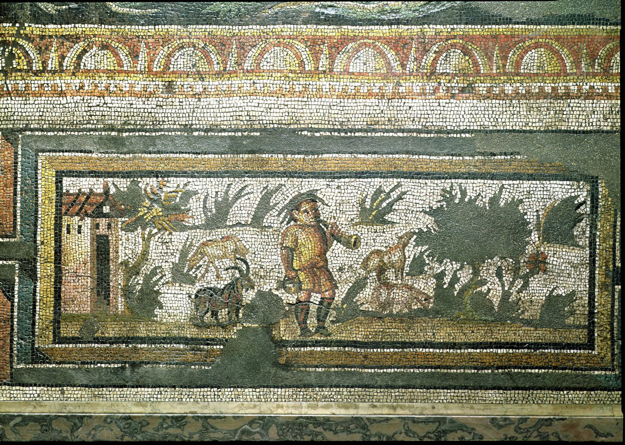 Scene av en geitegjeter med geitene sine, detalj av grensen fra et mosaikkfortau som viser årstidene og jaktscenene, fra den konstantinske villaen i Daphne, Roman, ca. 325-330 e.Kr. (marmor, kalkstein og glass) av Unbekannt