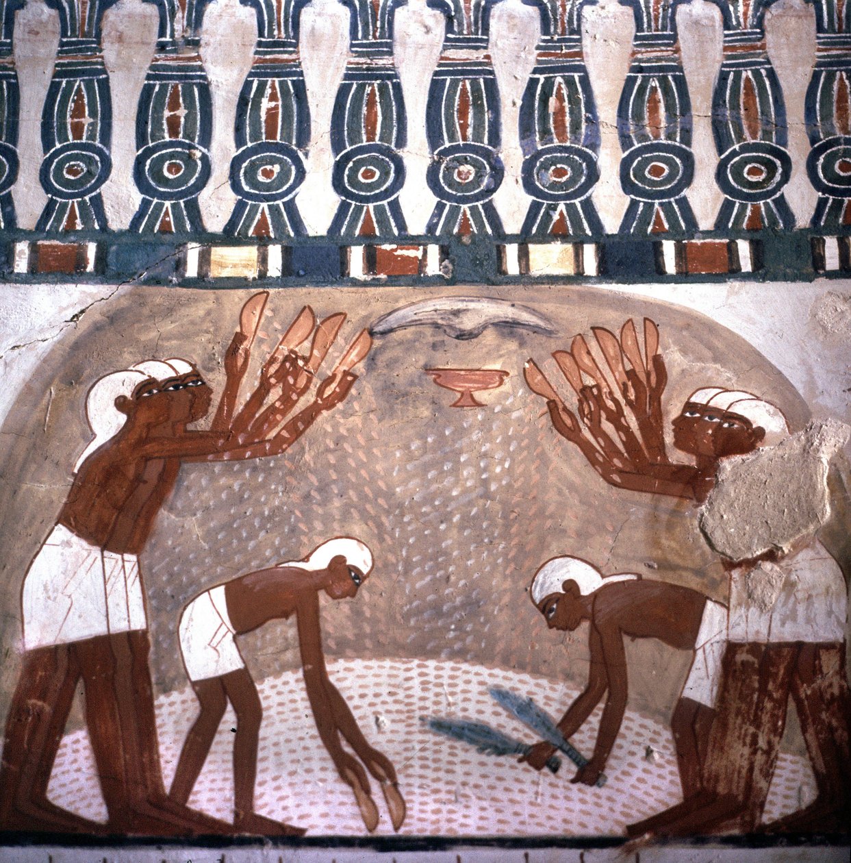 Scene med hvetebryting, graven til Nakht, rommet til adelsgraven. Vallee des Nobles. Nettstedet til Luxor, Egypt. av Leopold Blonder